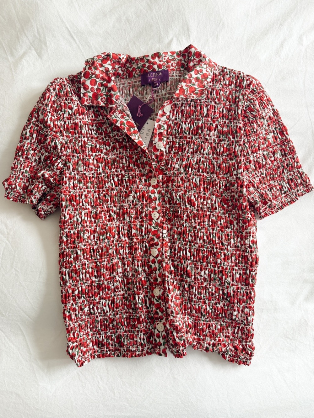 NWT J. Crew Smocked Button Up in Liberty Eliza's Red Fabric